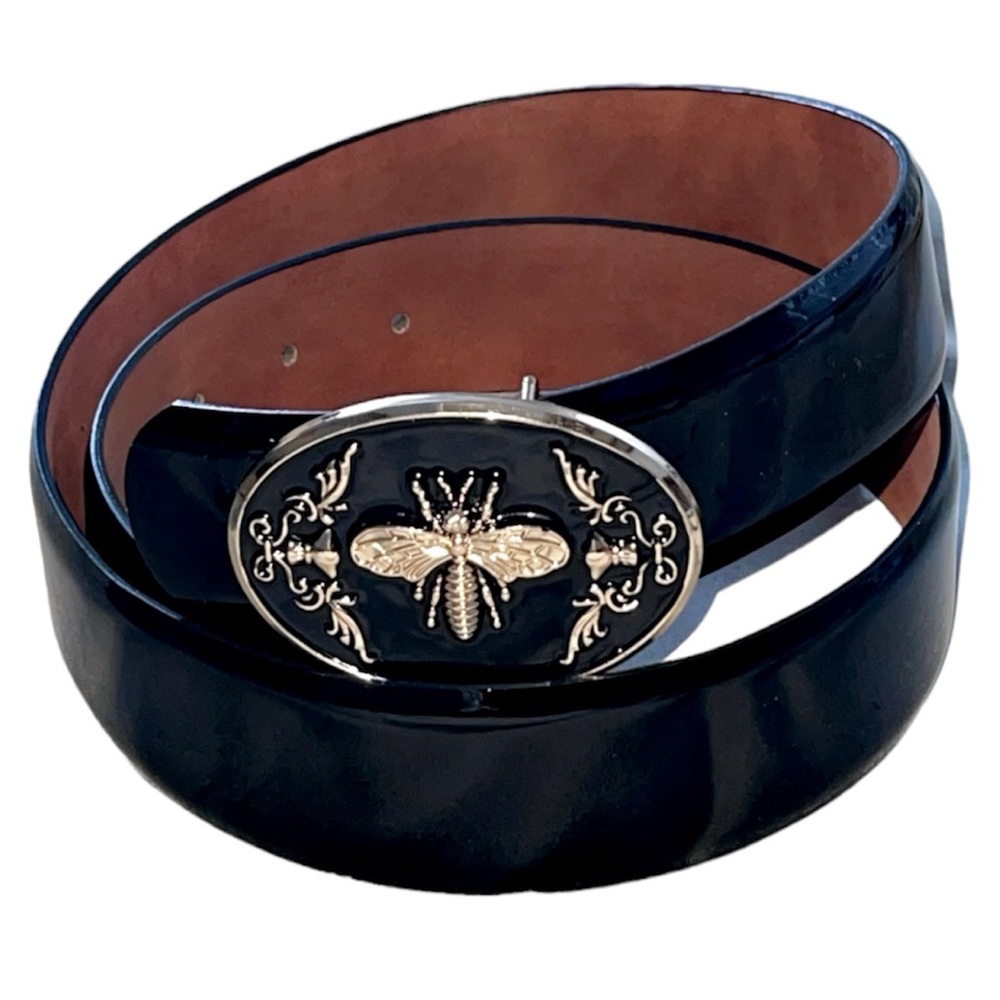 Classic Black Patent Leather Bee Motif Belt - USA Size: 32 - 33 (Approx - 90CM)